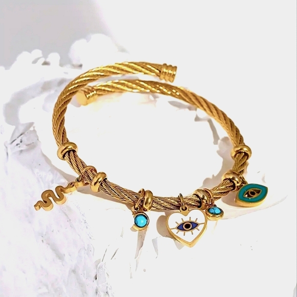 Gold Boho Evil Eye Open Cuff Charm Bracelet - Picture 2 of 3